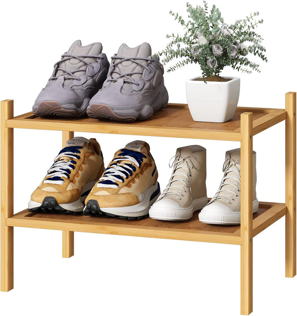 kiplant Small Shoe Rack, 2-Tier Bamboo Wood Shoe Rack for Entryway, Stackable Shoe