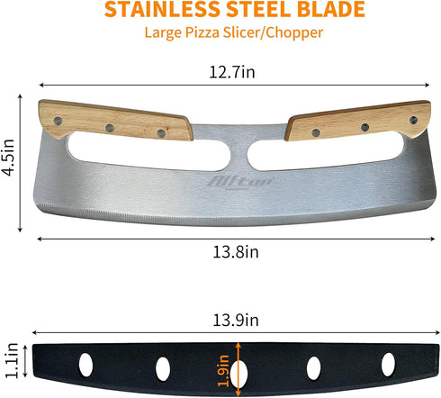 ALLTOP Pizza Cutter Rocker, Large Stainless Steel Blade Knife with Double Wooden Handle & Plastic Cover, Essential