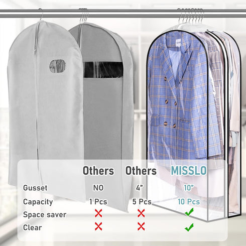 MISSLO 10" Gusseted All Clear Garment Bags, 40" Suit Bags for Closet Storage, 3 Packs for Hanging Clothes