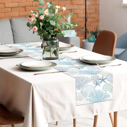 LXXTK 13x71 Inch Summer (Blue71) Linen Coastal Table Runner Blue Teal Beach Nautical Table Runners Modern Kitchen