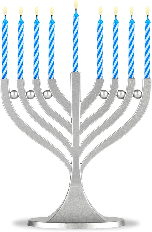 Zion Judaica Mini Classic Menorah with Mini Birthday Size Hanukkah Candles, Satin Silver Travel Minorah with 44 Candles