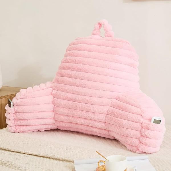 Memfydu Faux Fur Fluffy Pink Reading Pillow with Pockets, Luxury Striped Plush Decorative,