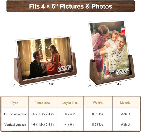 Mixoo 4x6 Wood Photo Picture Frame 2 Pack - Rustic Wooden Frame with High Definition Acrylic Covers