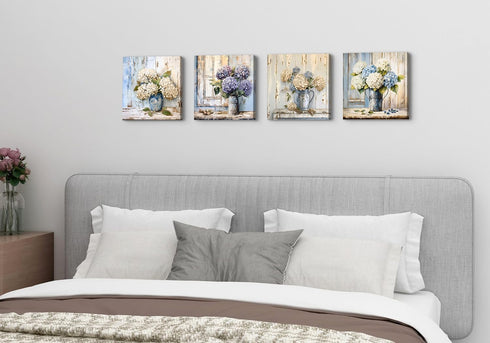 Rustic Hydrangea Wall Art, Blue and White Flowers Canvas Picture, Vintage Botanical Floral Posters for Living Room