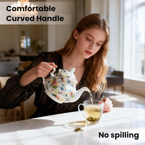 33.8 oz Porcelain Tea Pot Luxury Gold Trim Floral Ceramic Teapot Waterpot Tea Maker for Blooming Loose Leaf Tea Coffee