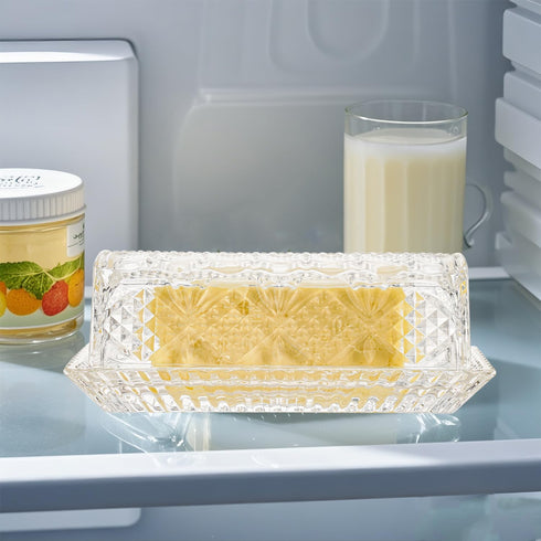 Countertop,Refrigerator,Dishwasher Glass Butter Dish with Lid,Large Deep Covered Butter Dish,Clear Crystal Glass Butter