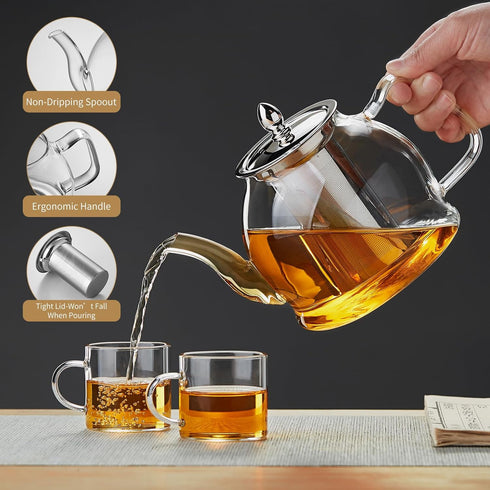 Glass Teapot, Stovetop Safe 34oz Borosilicate Kettle with Loose Leaf Tea Strainer for Blooming Tea