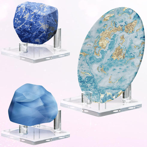 Weysat 8 Pcs Rock Display Stand with 3 Pegs, Clear Acrylic Mineral Holder for Coral Geodes and Collectibles