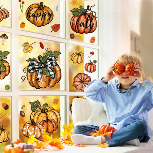 YUJUN 6 Sheets Thanksgiving Fall Window Clings, Pumpkin Maple Leaves Oil Painting Decals for Autumn Home Decor and