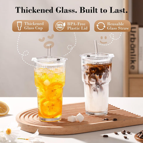 20oz 4 Pack GOSCHE Glass Tumblers with Straws and Lids, Ribbed Iced Coffee Cups Leak-proof, Dishwasher Safe, Thickened