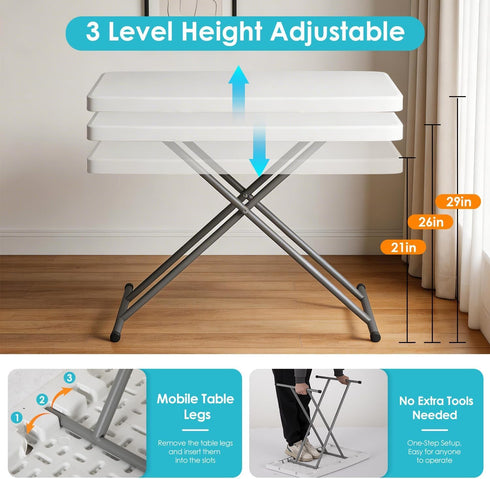 30-Inch Adjustable-Height Folding Table, White HDPE Utility Table for Small Spaces, No Assembly Required Ideal