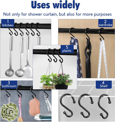 Metal Shower Curtain Hooks, Set of 12 Rust Resistant S Shaped Rings for Kitchen Utensils, Clothing, Towels, etc. (Black)