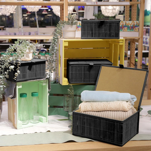Wicker Basket with Lid, Bamboo Storage Box for Shelf, Decorative Rectangle Basket with Lid Organizer for Bedroom,
