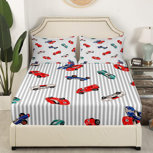 Set Set Feelyou Race car Bed Sheet Speed Sports Car Bedding Racing Car Fitted Sheet White Grey Flat Sheet for Kids Boys