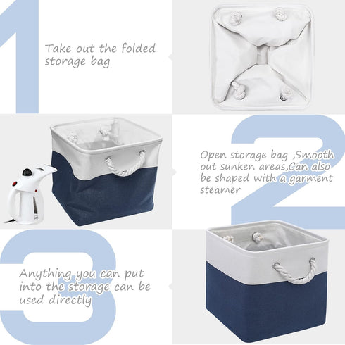 Cube Storage Baskets, 6 Pack 11x11 inch with Cotton Handles for Closet, Shelves, Clothes, Toys (White/Navy Blue)