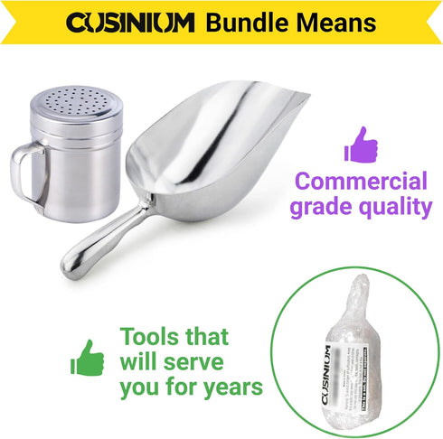 CUSINIUM Aluminium Popcorn Scoop with Popcorn Salt Shaker and Handle Bundle