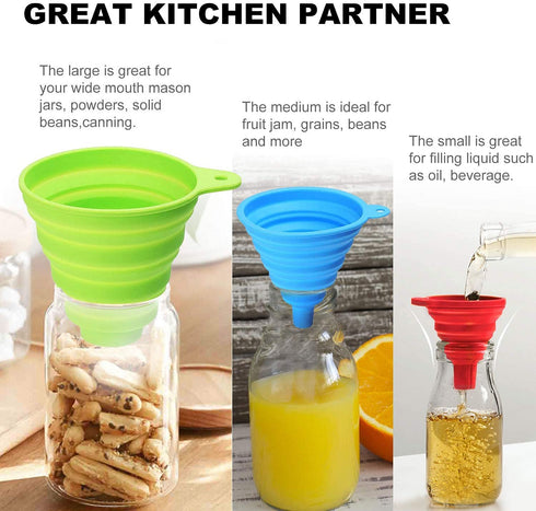 Kitchen Funnel Set of 3, Large Medium Small, Food Grade Silicone Collapsible Funnels for Kitchen Use