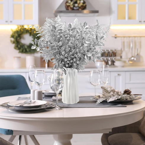Moucuny Set Home(Silver,80 Christmas Glitter Artificial Picks Leaf Sprays Cedar Picks Glitter Berries Stems Tropical