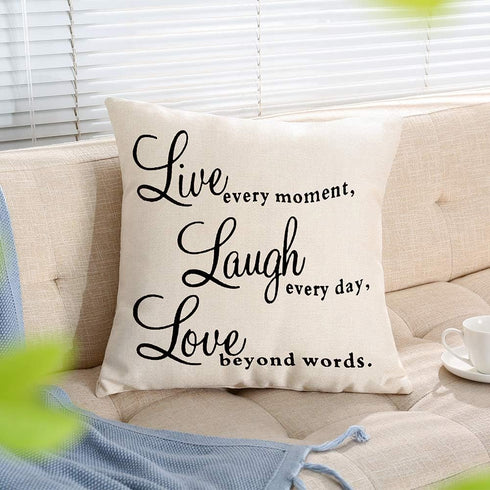 Ogiselestyle Motivational Sign Throw Pillow Case, Live Every Moment, Laugh Every Day, Love Beyond Words, 18" x 18"