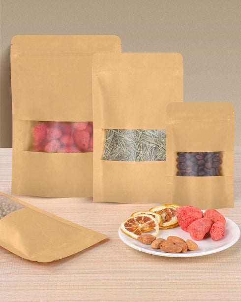 100pcs Kraft Bags with Window, 3.5x5.5 Inches, Brown Reusable Zip Lock Food Storage Pouches