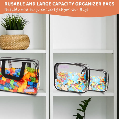 MBJZSL 18 Packs (3 Toy Storage Bags with Labels, Clear PVC Puzzle Storage Bags, Waterproof Travel Toy Organizer Bags