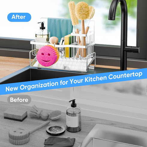 304 Countertop, Sponge Holder for Kitchen Sink Stainless Steel Self-Draining Sink Caddy with Smiley Face Sponge