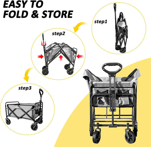 220Ibs Foldable Wagon Cart, Collapsible Wagon Cart with Heavy Duty Wheels, Portable Folding Utility Wagon