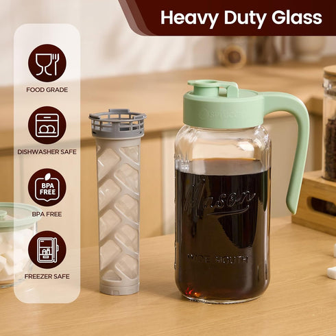 64 oz Cold Brew Coffee Maker Glass, Airtight & Leakproof Mason Jar Pitcher with Cold Brew Filter, Glass Pitcher