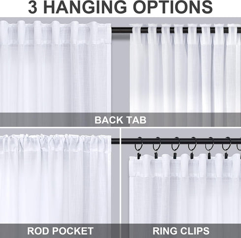 White Kitchen Curtains 24 Inch Length, 2 Panel Pocket Lace Cotton Textured Sheer Linen Short Cafe Curtain