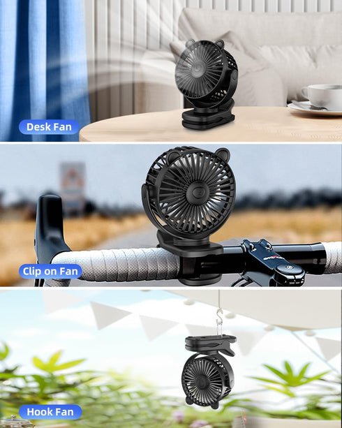 Portable Clip on Fan, Small Desk Fan Battery Operated, 360° Rotation, Cute Design, 3 Speed Mini Table Fan USB