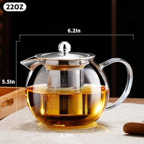 PARACITY Glass Teapot, 22 OZ/650ml with Removable Stainless Steel Infuser, Borosilicate Clear Tea Kettle for Camping