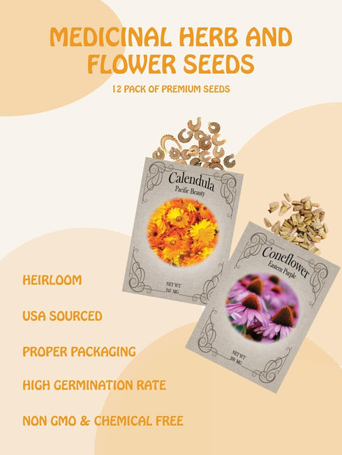 Set 12 Medicinal Herb and Flower - Varieties of Non-GMO & Heirloom Flowers and Herbs - Basil, Cilantro, Calendula