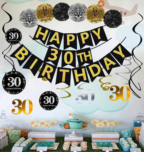 Black & Gold Glittery Happy 30th Birthday Banner, Poms, Sparkling 30 Hanging Swirls Kit