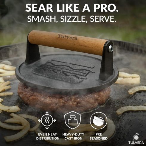6.1 Smash Burger Press | Cast Iron Hamburger Smasher Tool | Flat-Edge Meat Press for Hamburgers, Bacon, Outdoor Kitchen