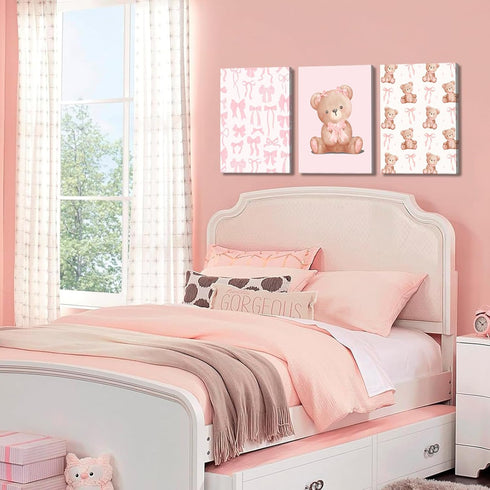 3Pcs Pink Teddy Bear Canvas Wall Art Coquette Bow Wall Decor Pictures Cute Animal Nursery Posters Prints for Baby Girls