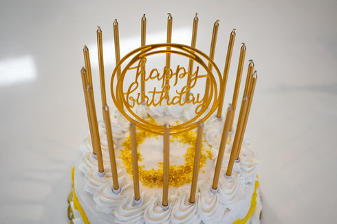 24 Count Tall Thin Metallic Gold Birthday Candles with Holders and Classy Cake Topper for Custom Cake