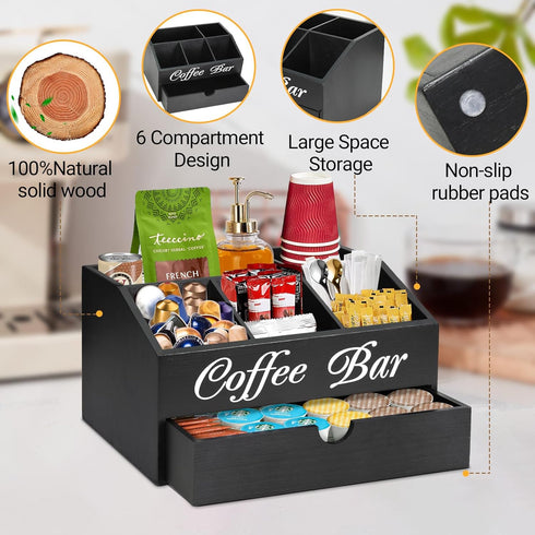 Coffee Bar Organizer Countertop, Wooden Accessories with Drawer, Coffee Station Organizer for Coffee Pods Holder