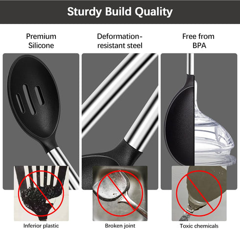 Silicone Spatula Spoon Set, 4 Pack - Solid Turner, Slotted Spatula, and Kitchen Spoons for Cooking and Baking