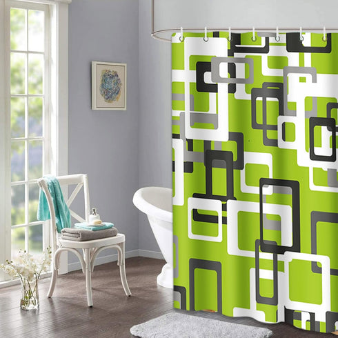 Shower Curtain Set, Modern Lime Green Black Gray White 72"x72" Waterproof Bath Bathroom Curtain with Hooks