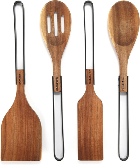 Wooden Utensils for Cooking - Acacia Wood, Modern Design, Scratch-Resistant Stainless-Steel Handles