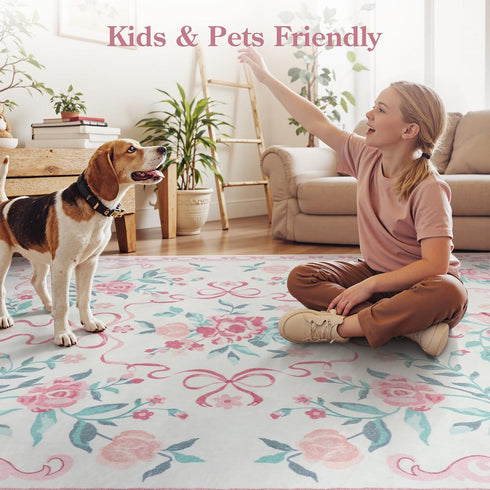 4x6 4' 6') Collive Pink Rugs for Bedroom Girls, Floral Washable Area Rug Non Slip, Soft Indoor Decor Elegant Carpet
