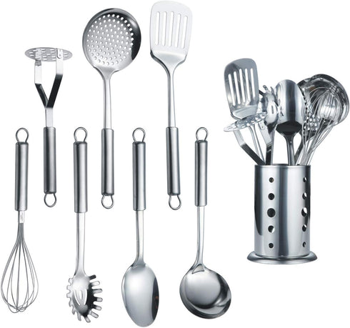 Berglander 8 Piece Cooking Utensil Set, Stainless Steel Kitchen Tools with Stand, Includes Slotted Turner, Ladle