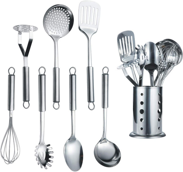 Berglander 8 Piece Cooking Utensil Set, Stainless Steel Kitchen Tools with Stand, Includes Slotted Turner, Ladle