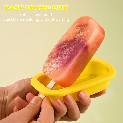 4 50 Sakolla Pcs Silicone Popsicle Molds with Lid & Pcs Wooden Popsicle Sticks, Stackable Classic Oval Ice Cream Molds