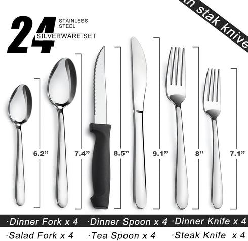 Pleafind 24-Pieces Silverware Set for 4, Flatware Set with Steak Knives, Stainless Steel Cutlery Set, Include Forks Spoons and Knives Set, Dishwasher Safe Utensil Sets for Home Restaurant by Pleafind