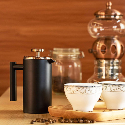 Miuly Black Coffee Press, Stainless Steel French Press Coffee Maker, 350ml/12oz with 2 Filter Mesh, Black