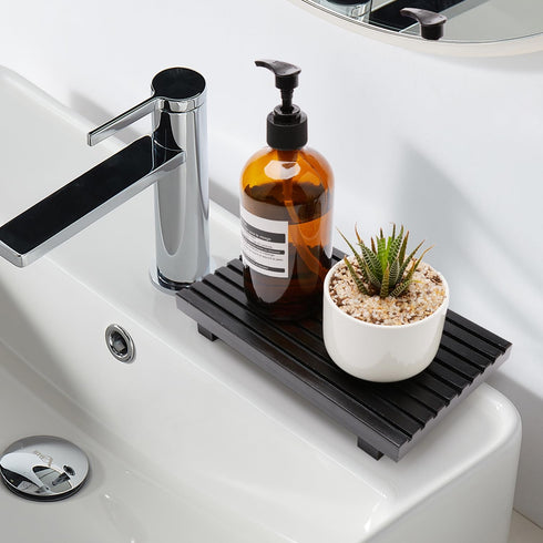 Black Bathroom Counter Organizer - Wooden Display Pedestal Stand for Kitchen Sink Accessories and Vanity Tray