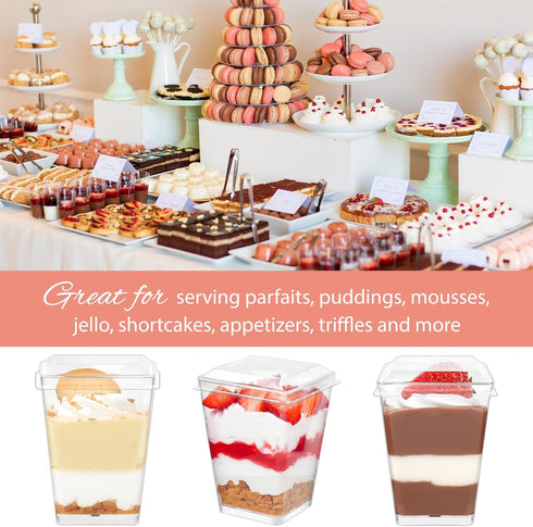 50 Pack 5 oz Zezzxu Plastic Dessert Cups with Lids and Spoons, Banana Pudding Cups with Lids Mini Dessert Shooters
