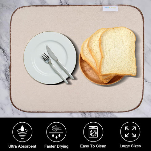 SINLAND Microfiber Dish Drying Mat - Super Absorbent Pad for Kitchen Counter, Large Size 16Inch X 18Inch, Beige 2 Pack