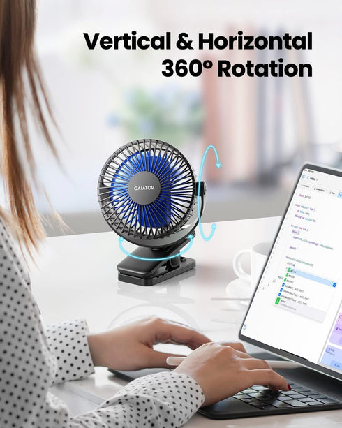 Gaiatop Portable Clip on Fan Battery Operated, Small Powerful USB Desk Fan, 3 Speed Quiet Rechargeable Mini Table Fan, 360° Rotate Personal Cooling Fan for Home Office Stroller Camping Black Blue by Gaiatop
